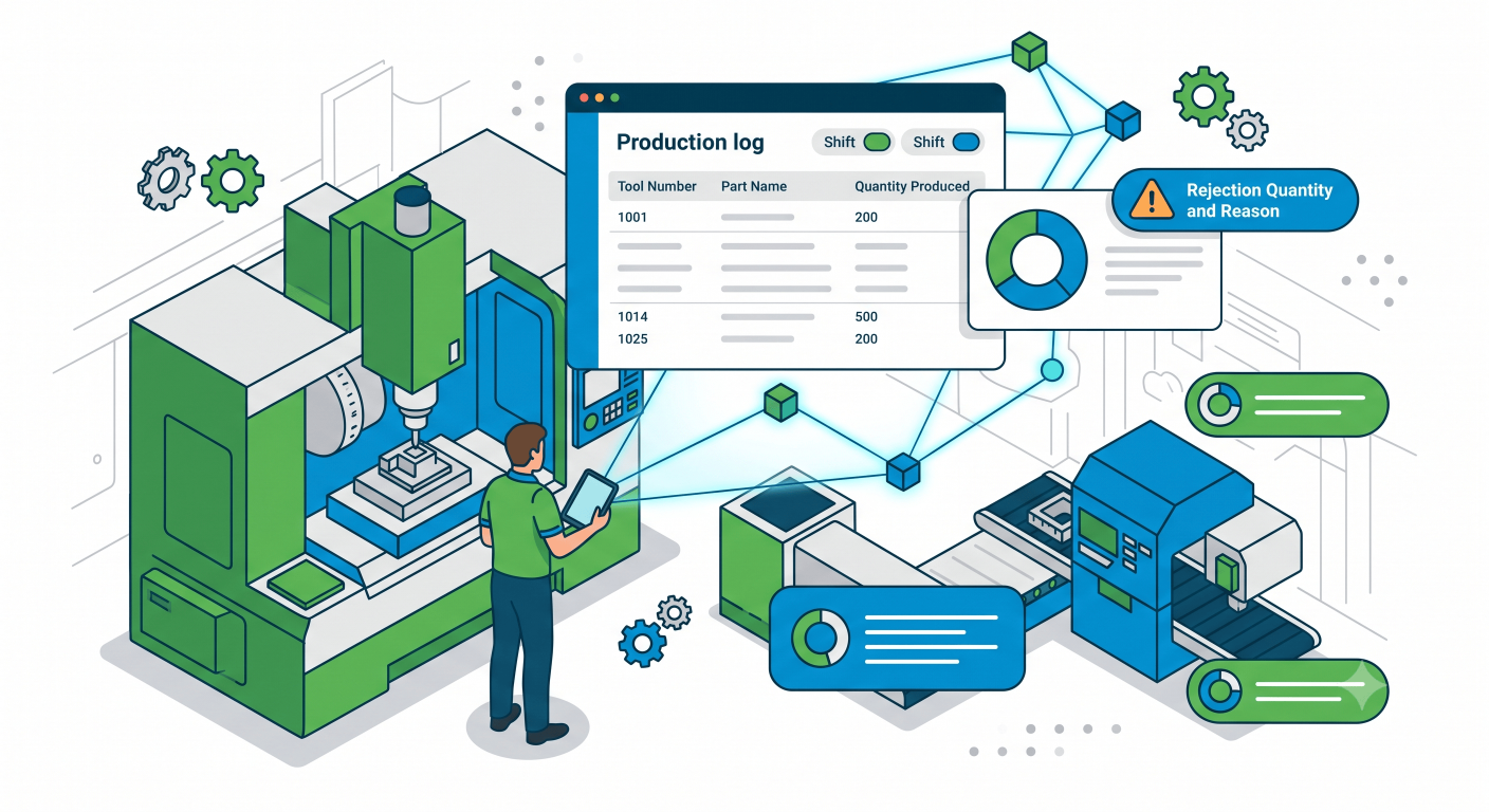 1. Operator opens the tablet at their press or machining station and logs their production entry — tool number, part name, quantity produced, shift, and any rejection quantity with reason.