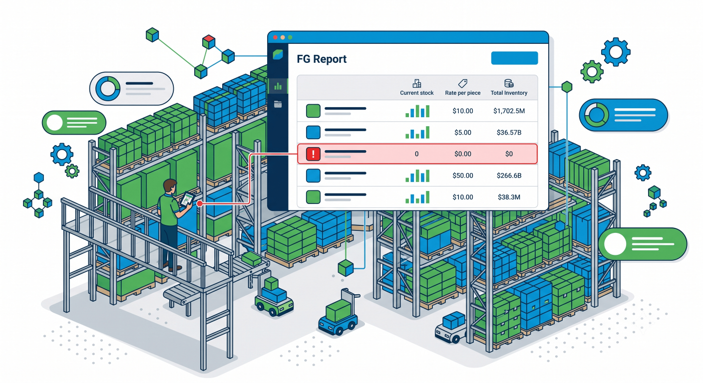 3. The FG Report screen shows all part numbers, their current stock (NOS), rate per piece, and total inventory value. Parts at zero stock are highlighted in red so production planning knows exactly what needs to be run today.